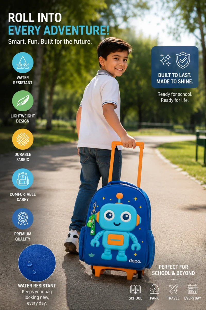 Depo DEPO 4-Piece Kids Rolling School Backpack Set, 44cm Trolley Backpack with Lunch Bag, Pencil Case & 500ml Water Bottle – Lightweight, Water-Resistant School Bag Set for Boys & Girls