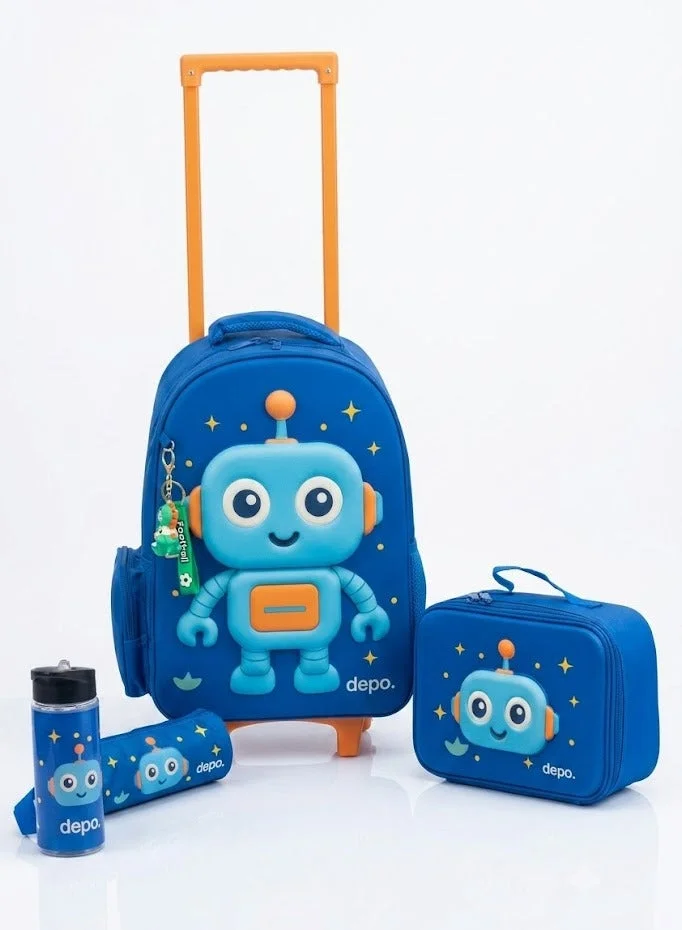 Depo DEPO 4-Piece Kids Rolling School Backpack Set, 44cm Trolley Backpack with Lunch Bag, Pencil Case & 500ml Water Bottle – Lightweight, Water-Resistant School Bag Set for Boys & Girls