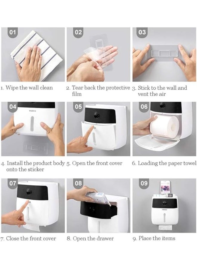 Artist Unknown Ecoco Double Drawer tissue box, wall mounted self-adhesive tissue holder box, compatible with roll paper kitchen paper storage with drawer for bathroom, kitchen (Black & white) - Image 2
