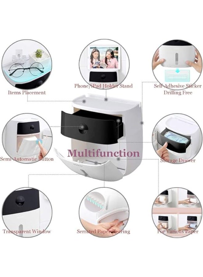 Artist Unknown Ecoco Double Drawer tissue box, wall mounted self-adhesive tissue holder box, compatible with roll paper kitchen paper storage with drawer for bathroom, kitchen (Black & white) - Image 3