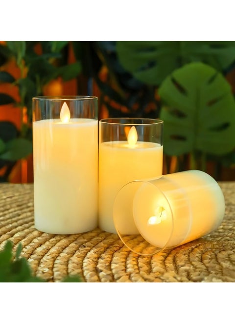 LED Flameless Pillar Candles, Set of 3, Acrylic, Flickering Electric, 3D Flame