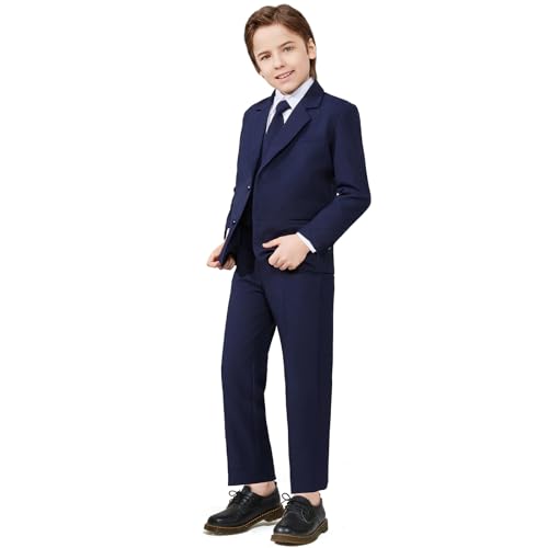 Luca Gabriel Toddler Boys' 5 Piece Classic Fit No Tail Formal Navy Blue Dress Suit Set with Tie and Vest - Size 2t - Image 1