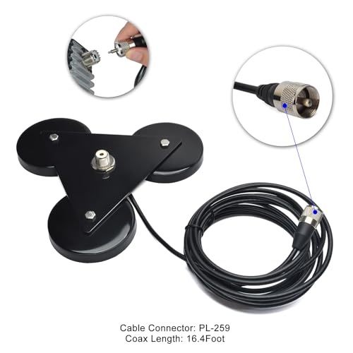 YNIBST Heavy-Duty SO239 Magnetic Antenna Mount Base with Triple Magnets,W/5M(16.4 ft) RG-58 Cable PL-259 Plug,for Mobile Ham Radio Antenna - Image 4