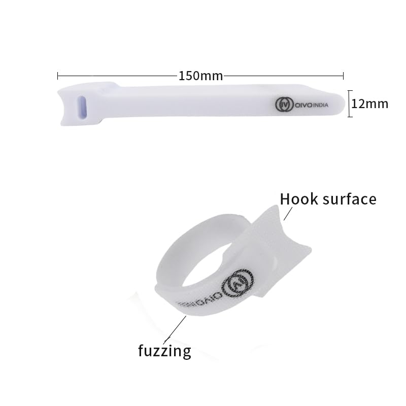 OIVO INDIA OIVO INDIA 100PCS Fastening Cable Ties Reusable Premium 6Inch Adjustable Cord Ties Microfiber Cloth Cable Management Straps Hook Loop Cord Organizer Wire Ties Reusable White Colors  - Image 2