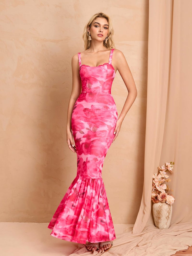 HTZMO Women Floral Wedding Guest Bodycon Maxi Dress Lace Square Neck Formal Party Elegant Long Dresses PinkFloral M - Image 3