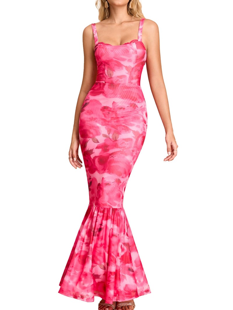 HTZMO Women Floral Wedding Guest Bodycon Maxi Dress Lace Square Neck Formal Party Elegant Long Dresses PinkFloral M - Image 1