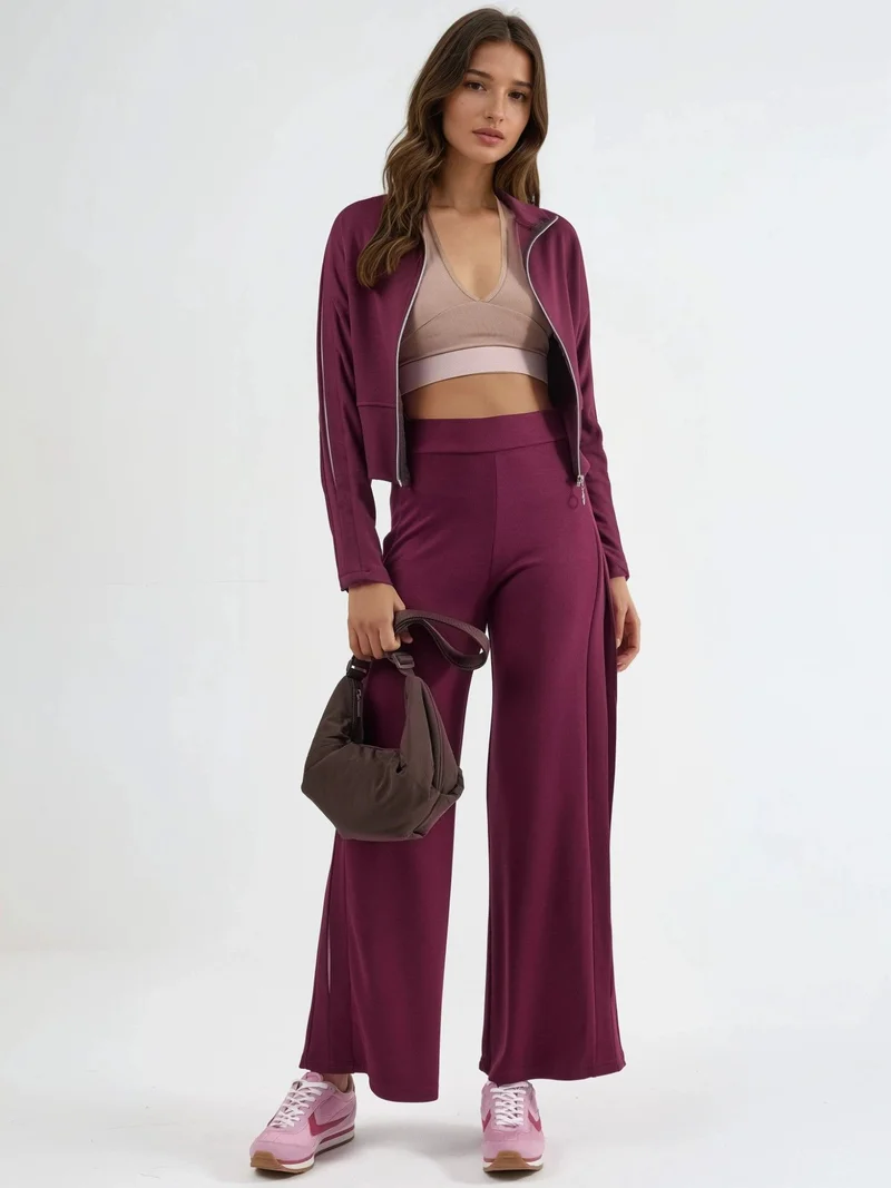 Hiccup Cherry Red Modal Touch High Waist Wide Leg Two-Piece Set with Zipper Collar Bersan Collection for Women | Best Price UAE