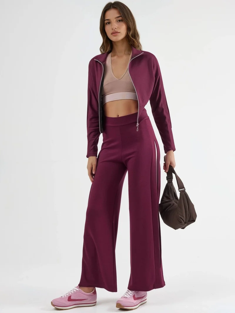 زوبعة Modal Touch High Waist Wide Leg Two-Piece Set with Zipper Collar Bersan Collection