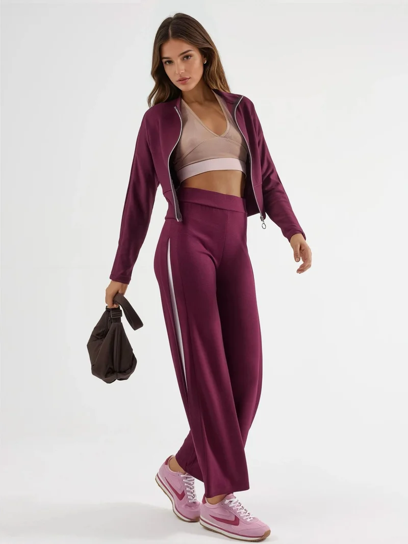 Hiccup Cherry Red Modal Touch High Waist Wide Leg Two-Piece Set with Zipper Collar Bersan Collection for Women | Best Price UAE