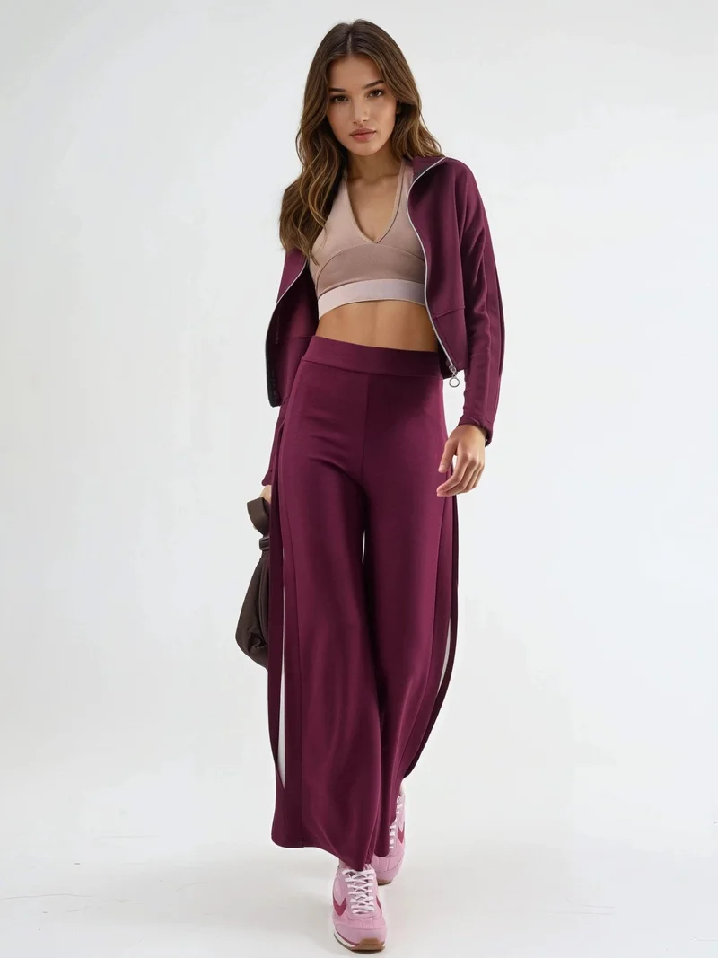Hiccup Cherry Red Modal Touch High Waist Wide Leg Two-Piece Set with Zipper Collar Bersan Collection for Women | Best Price UAE