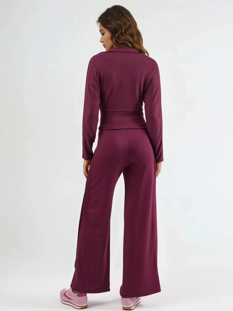 Hiccup Cherry Red Modal Touch High Waist Wide Leg Two-Piece Set with Zipper Collar Bersan Collection for Women | Best Price UAE