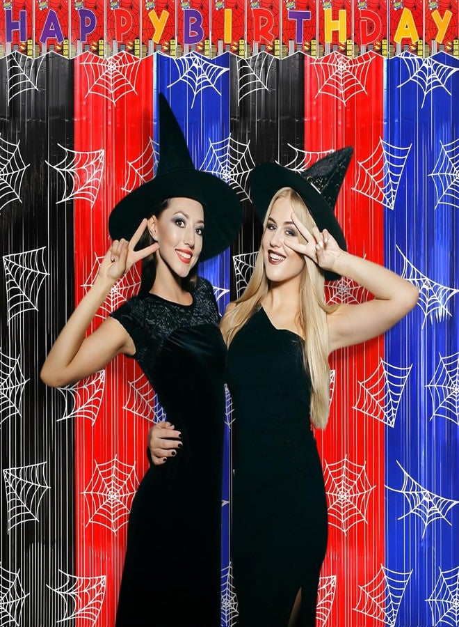 Favuit 2 Pack Foil Curtain Backdrop, Spider Web Theme Tinsel Fringe Curtains Red Black Blue, Metallic Photo Booth Backdrop Streamers for Birthday Party Decorations Holiday Celebration Supplies - Image 3