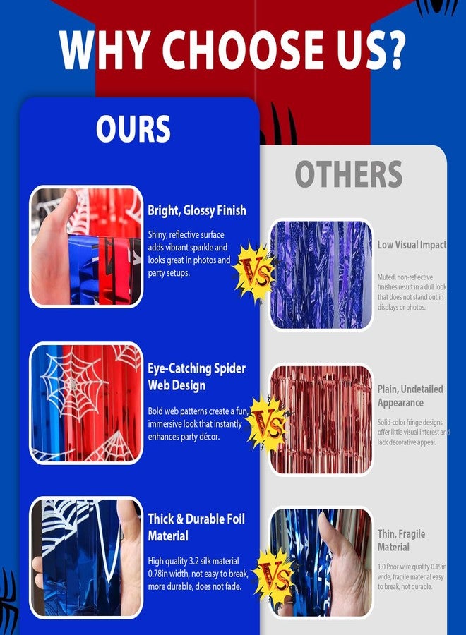 Favuit 2 Pack Foil Curtain Backdrop, Spider Web Theme Tinsel Fringe Curtains Red Black Blue, Metallic Photo Booth Backdrop Streamers for Birthday Party Decorations Holiday Celebration Supplies - Image 4