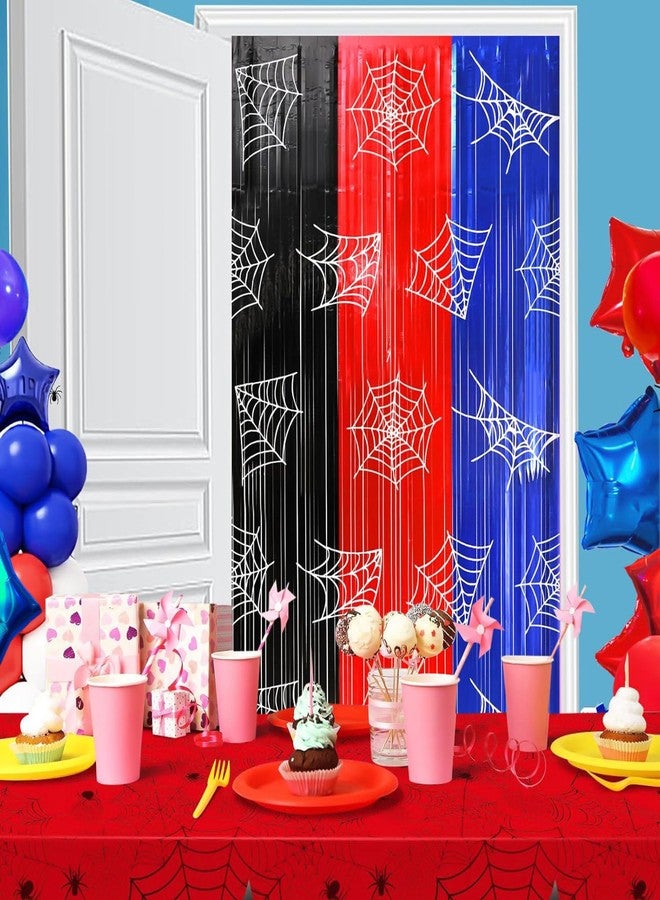 Favuit 2 Pack Foil Curtain Backdrop, Spider Web Theme Tinsel Fringe Curtains Red Black Blue, Metallic Photo Booth Backdrop Streamers for Birthday Party Decorations Holiday Celebration Supplies - Image 2