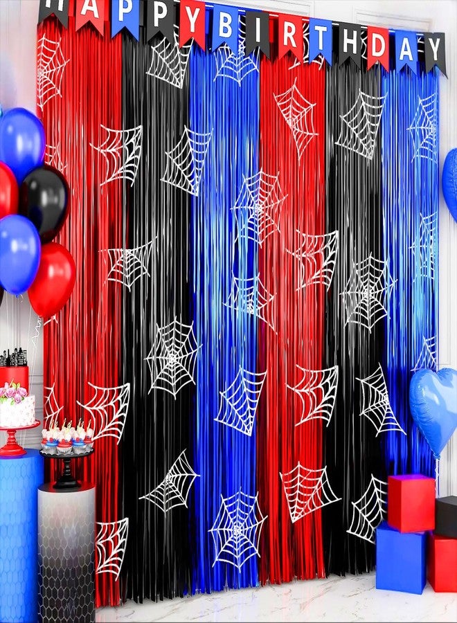 Favuit 2 Pack Foil Curtain Backdrop, Spider Web Theme Tinsel Fringe Curtains Red Black Blue, Metallic Photo Booth Backdrop Streamers for Birthday Party Decorations Holiday Celebration Supplies - Image 1