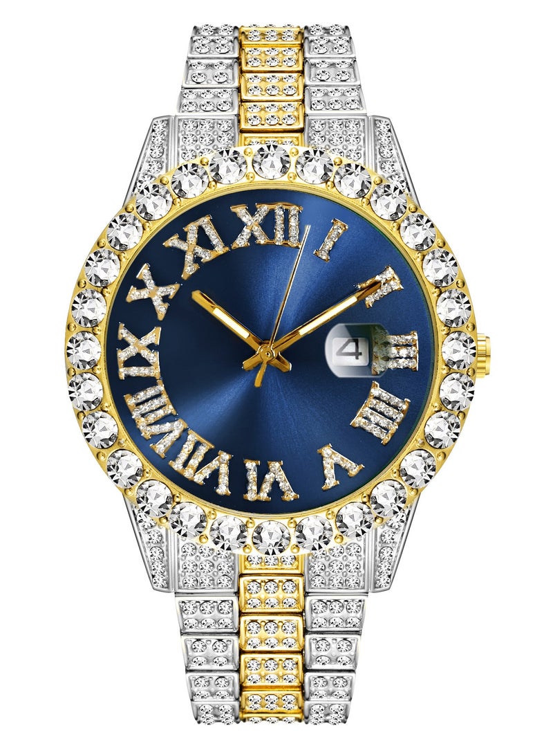 MISS FOX ساعة ألماس فاخرة كريستال رينستون كوارتز ساعة معصم مزينة بالكامل بالألماس ساعة هيب هوب مقاومة للماء مع تقويم أسبوعي