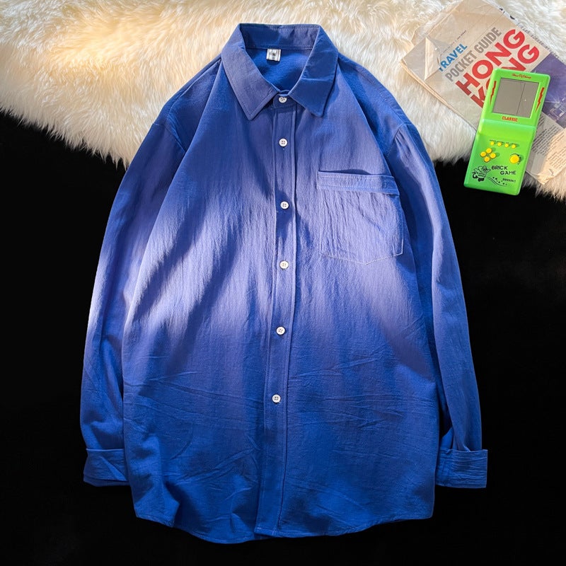Casual Cotton Linen Mens Long Sleeve Shirt Loose Basic Style Summer Outfit Couples Fashionable Hong Kong Style Loose Coat Klein blue