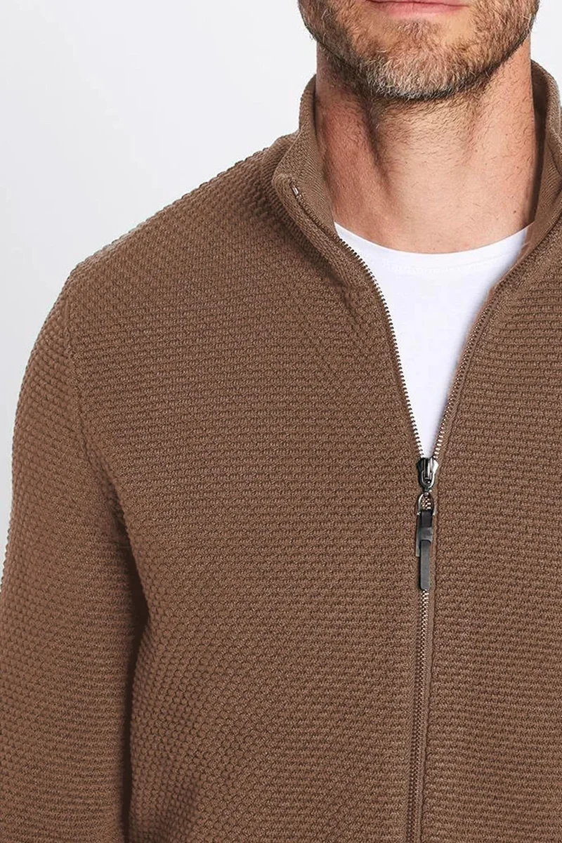 تودورس Men's Slim Fit Slim Cut Patterned Half Turtleneck Zippered Coffee Cardigan
