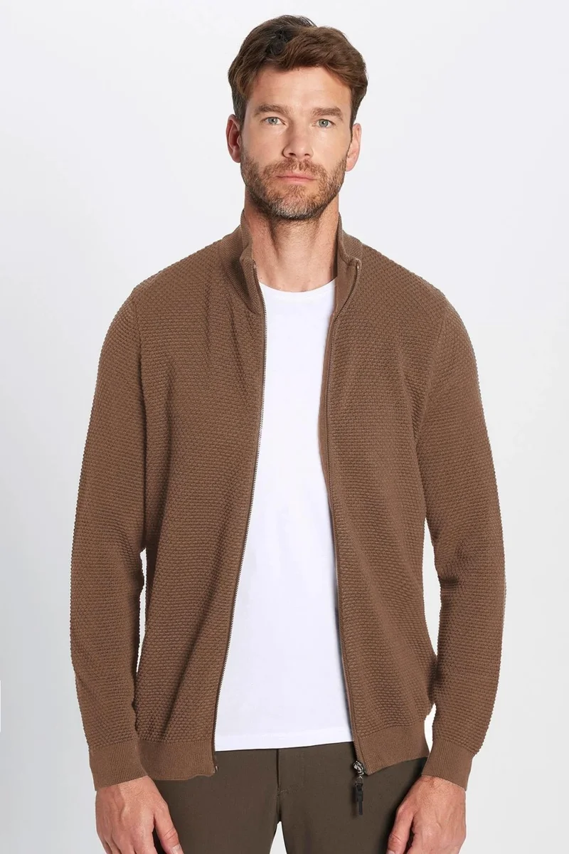 تودورس Men's Slim Fit Slim Cut Patterned Half Turtleneck Zippered Coffee Cardigan