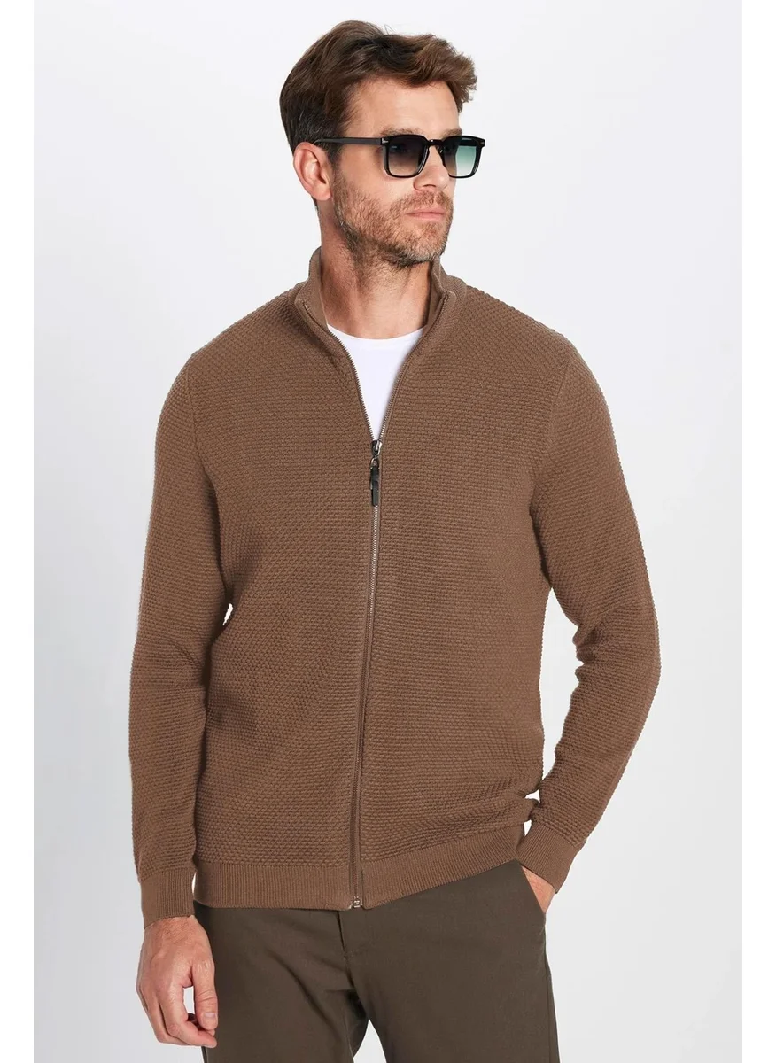 تودورس Men's Slim Fit Slim Cut Patterned Half Turtleneck Zippered Coffee Cardigan