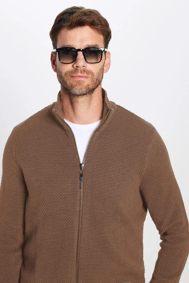 تودورس Men's Slim Fit Slim Cut Patterned Half Turtleneck Zippered Coffee Cardigan