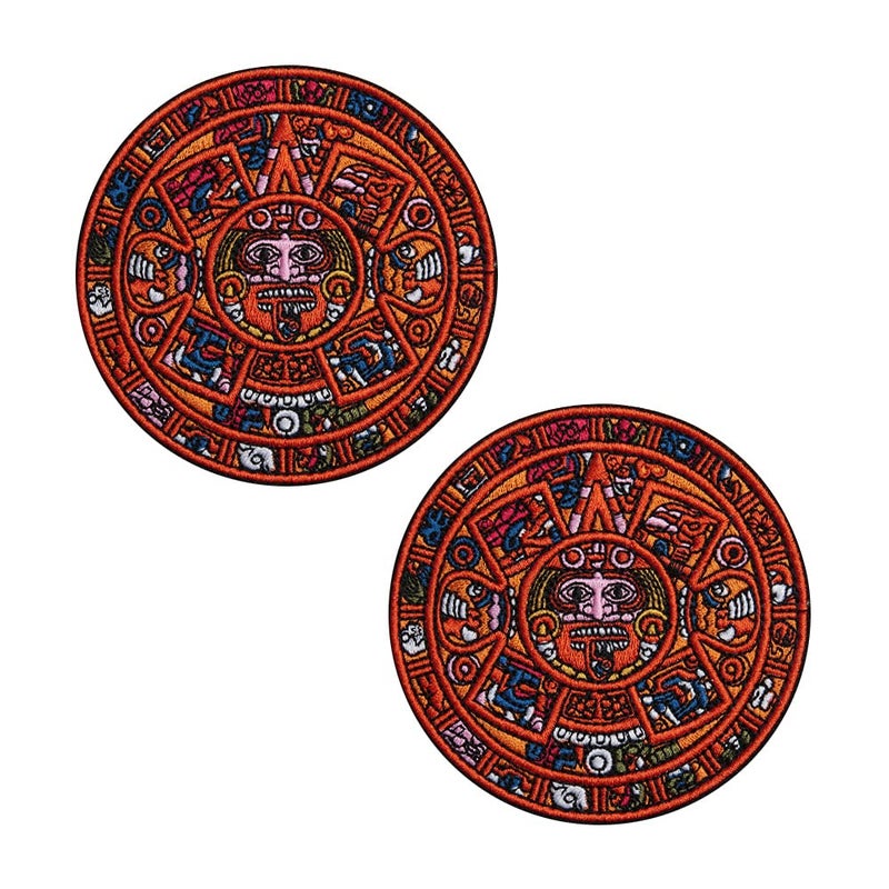 Acxico 2Pcs Mayan Doomsday Calendar Patch Embroidered Ironon Aztec Sun Stone Piedra DEL SOL