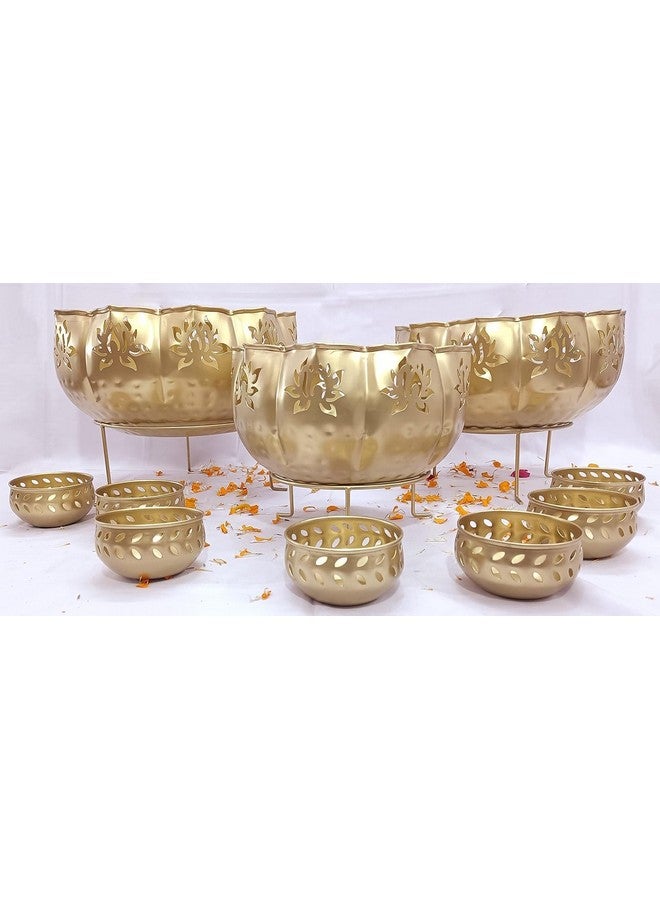 Divine Quest Divine Quest Decorative Golden Lotus Urli with Stand Pot for Floating Flower/Tea Light Candles Festive Decor Set of 11 Piece Urli Bowl for Home Handicraft Bowl with Stand and 7 Votives Small Bowl. - Image 5