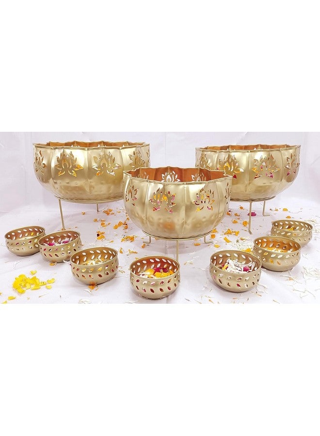Divine Quest Divine Quest Decorative Golden Lotus Urli with Stand Pot for Floating Flower/Tea Light Candles Festive Decor Set of 11 Piece Urli Bowl for Home Handicraft Bowl with Stand and 7 Votives Small Bowl. - Image 3