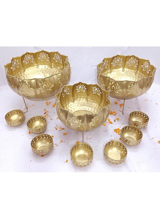 Divine Quest Divine Quest Decorative Golden Lotus Urli with Stand Pot for Floating Flower/Tea Light Candles Festive Decor Set of 11 Piece Urli Bowl for Home Handicraft Bowl with Stand and 7 Votives Small Bowl. - Image 4