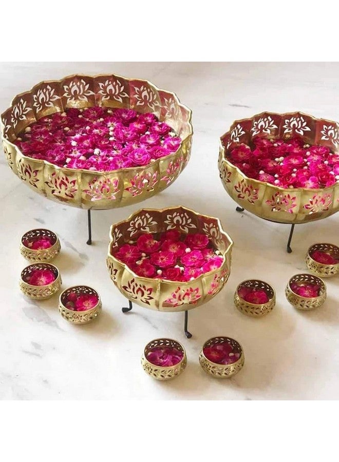 Divine Quest Divine Quest Decorative Golden Lotus Urli with Stand Pot for Floating Flower/Tea Light Candles Festive Decor Set of 11 Piece Urli Bowl for Home Handicraft Bowl with Stand and 7 Votives Small Bowl. - Image 1