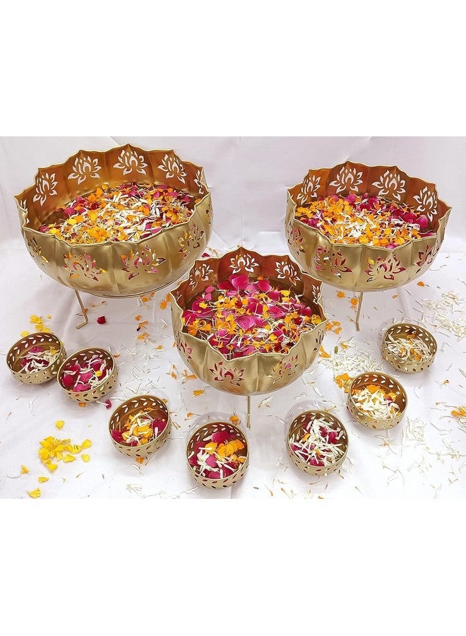 Divine Quest Divine Quest Decorative Golden Lotus Urli with Stand Pot for Floating Flower/Tea Light Candles Festive Decor Set of 11 Piece Urli Bowl for Home Handicraft Bowl with Stand and 7 Votives Small Bowl. - Image 2
