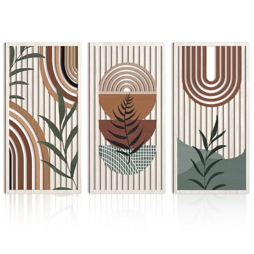 IARTTOP Large Boho Wood Wall Art 16x32 Inch Mid Century Modern Bohemian Wooden Wall Decor Brown Minimalist Geometric Plant Decor for Bedroom Living Room Dining room Set of 3 - Image 1