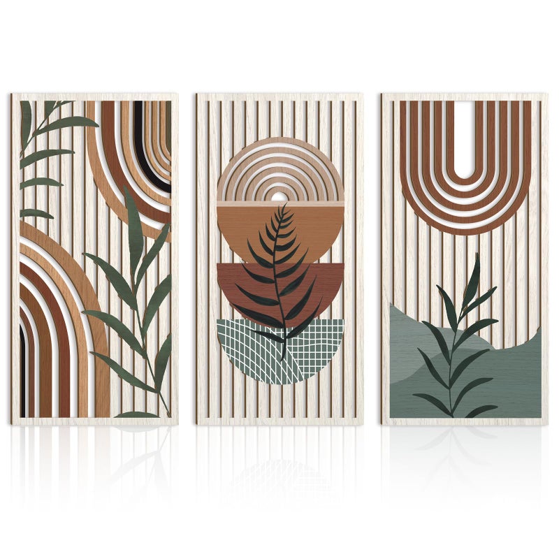 IARTTOP Large Boho Wood Wall Art 16x32 Inch Mid Century Modern Bohemian Wooden Wall Decor Brown Minimalist Geometric Plant Decor for Bedroom Living Room Dining room Set of 3 - Image 2