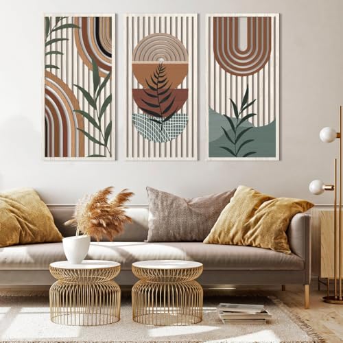 IARTTOP Large Boho Wood Wall Art 16x32 Inch Mid Century Modern Bohemian Wooden Wall Decor Brown Minimalist Geometric Plant Decor for Bedroom Living Room Dining room Set of 3 - Image 3