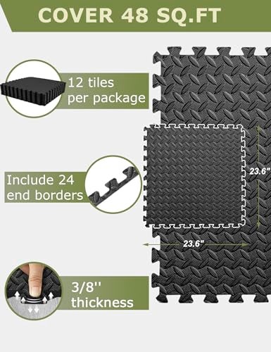innhom Gym Flooring Gym Mats Exercise Mat for Floor Workout Mat Foam Floor Tiles for Home Gym Equipment Garage, 12 Black - Image 3