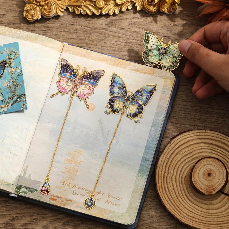 PAGEMORE 12 Pieces Metal Butterfly Bookmarks with Chain, Golden Hollow Bookmark Monet Oil Painting Theme Book Mark Bookmarks for Book Lovers Women Writers Readers Children Teens - Image 4