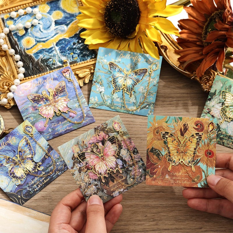PAGEMORE 12 Pieces Metal Butterfly Bookmarks with Chain, Golden Hollow Bookmark Monet Oil Painting Theme Book Mark Bookmarks for Book Lovers Women Writers Readers Children Teens - Image 3