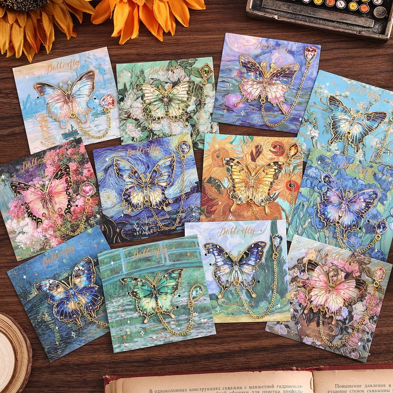 PAGEMORE 12 Pieces Metal Butterfly Bookmarks with Chain, Golden Hollow Bookmark Monet Oil Painting Theme Book Mark Bookmarks for Book Lovers Women Writers Readers Children Teens - Image 2