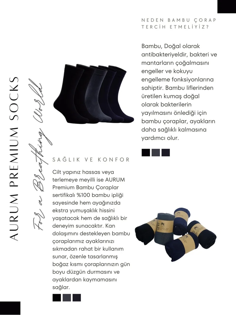 aurumé Men's 5-Piece Premium Bamboo Socks Seamless - 2 Black, 1 Smoked, 2 Navy Blue