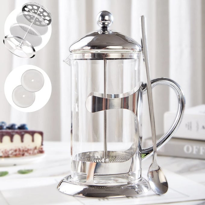 SILVER FRENCH PRESS COFFEE MAKER LUXURY DESIGN FRENCH COFFEE PRESS WITH 4LEVEL FILTER SYSTEM HIGHGRADE GLASS FOR HOT COLD RESISTANCE INCLUDE LONG SIZE 304 STAINLESS STEEL SPOON 34OZ