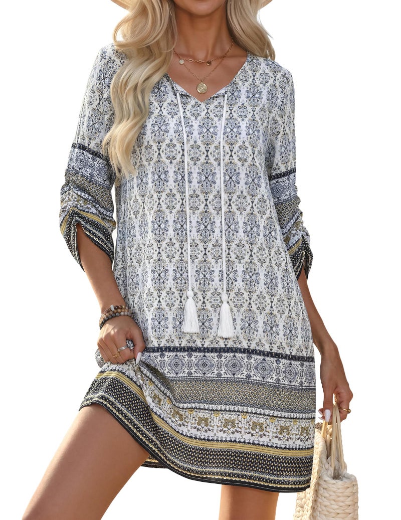 HOTOUCH Easter Bathing Suit Cover Up for Women Sundresses for Women 2026 Ethnic Style Printed Tassel Tie Neck Loose Fit Bohemian Tunic Dress White L - Image 1