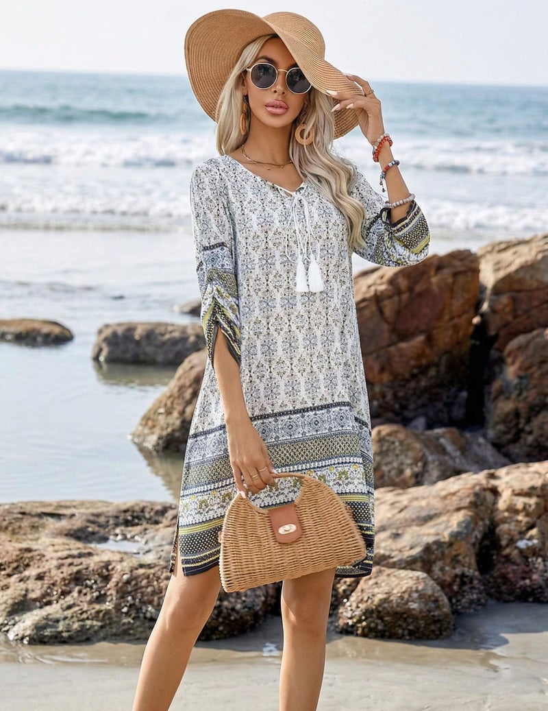 HOTOUCH Easter Bathing Suit Cover Up for Women Sundresses for Women 2026 Ethnic Style Printed Tassel Tie Neck Loose Fit Bohemian Tunic Dress White L - Image 4