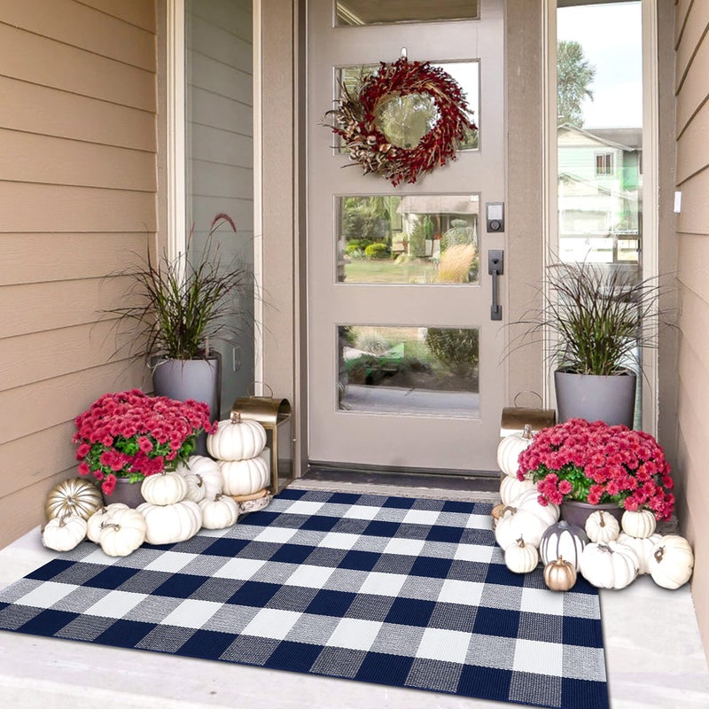 IOHOUZE Buffalo Plaid Checkered Rug 3x5 Ft Front Door Mats, Washable Area Rugs for Front Porch Decor, Spring Summer Welcome Mats Outdoor, Navy White Rug for Farmhouse/Entryway/Home Entrance - Image 1