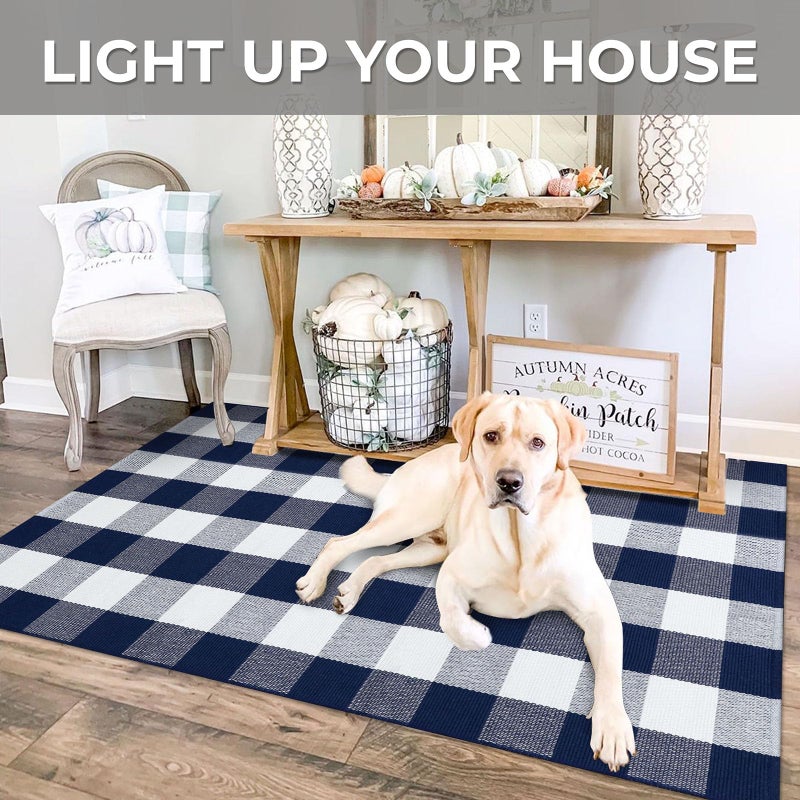IOHOUZE Buffalo Plaid Checkered Rug 3x5 Ft Front Door Mats, Washable Area Rugs for Front Porch Decor, Spring Summer Welcome Mats Outdoor, Navy White Rug for Farmhouse/Entryway/Home Entrance - Image 4