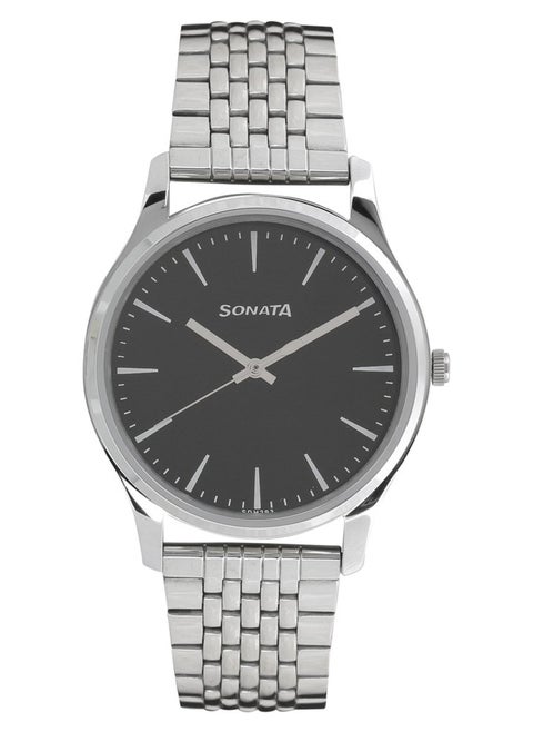Sonata Quartz Analog Black Dial Stainless Steel Strap Watch for Men