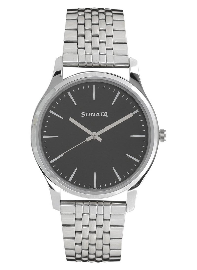 Sonata Quartz Analog Black Dial Stainless Steel Strap Watch for Men