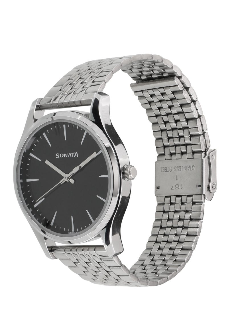 Sonata Quartz Analog Black Dial Stainless Steel Strap Watch for Men