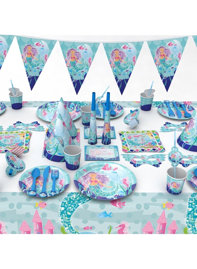 96Piece/Set Mermaid Party Supplies 16Piece Plates, Cups, Napkins, Tablecloth, Cutlery, Happy Birthday Letter Balloon Banner - Image 2