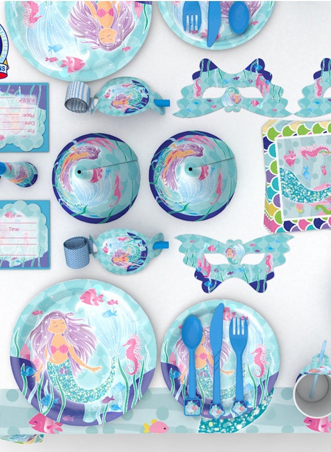 96Piece/Set Mermaid Party Supplies 16Piece Plates, Cups, Napkins, Tablecloth, Cutlery, Happy Birthday Letter Balloon Banner - Image 4