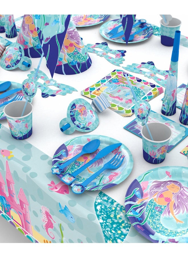 96Piece/Set Mermaid Party Supplies 16Piece Plates, Cups, Napkins, Tablecloth, Cutlery, Happy Birthday Letter Balloon Banner - Image 3